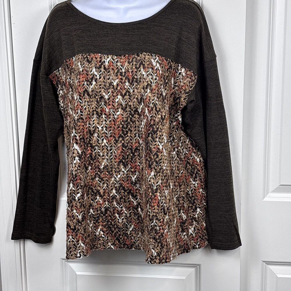 Suzanne Betro Weekend Womens L Textured Knit Top Boho Brown Long Sleeve Artsy